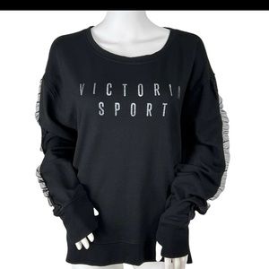 Victoria’s Secret sport black crew neck w/ruffle arm detail/silver sparkle logo
